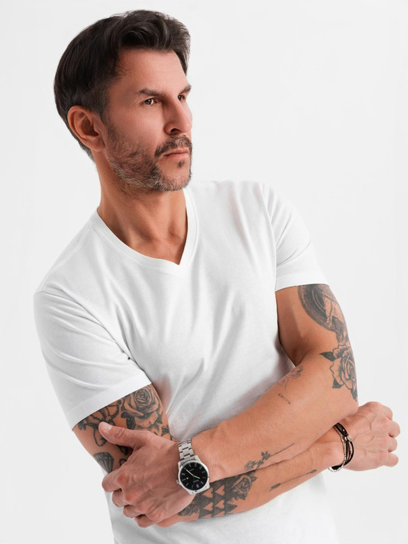 Ombre Clothing Muška klasična pamučna majica BASIC s izrezom - bijela