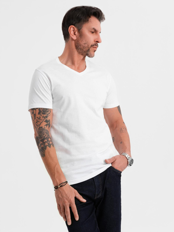 Ombre Clothing Muška klasična pamučna majica BASIC s izrezom - bijela