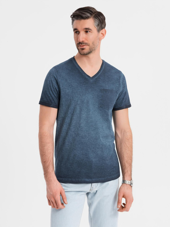 Ombre Clothing Muška pamučna majica s V-izrezom i opranim efektom - tamno plava
