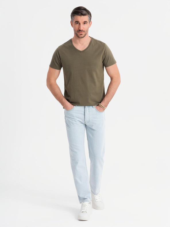 Ombre Clothing Muška klasična pamučna majica BASIC s V-izrezom - tamno maslinasto zelena