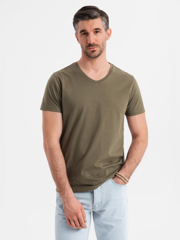 Ombre Clothing Muška klasična pamučna majica BASIC s V-izrezom - tamno maslinasto zelena