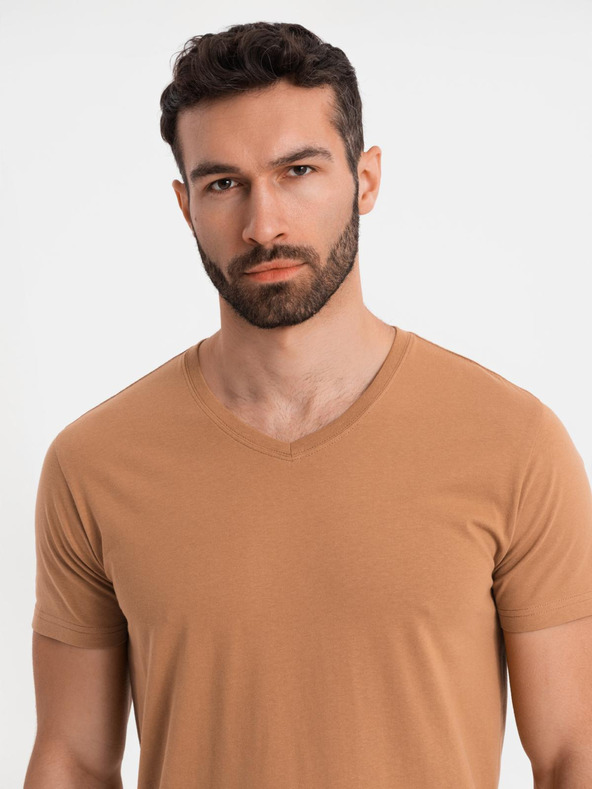 Ombre Clothing Muška klasična pamučna majica BASIC s V-izrezom - smeđa