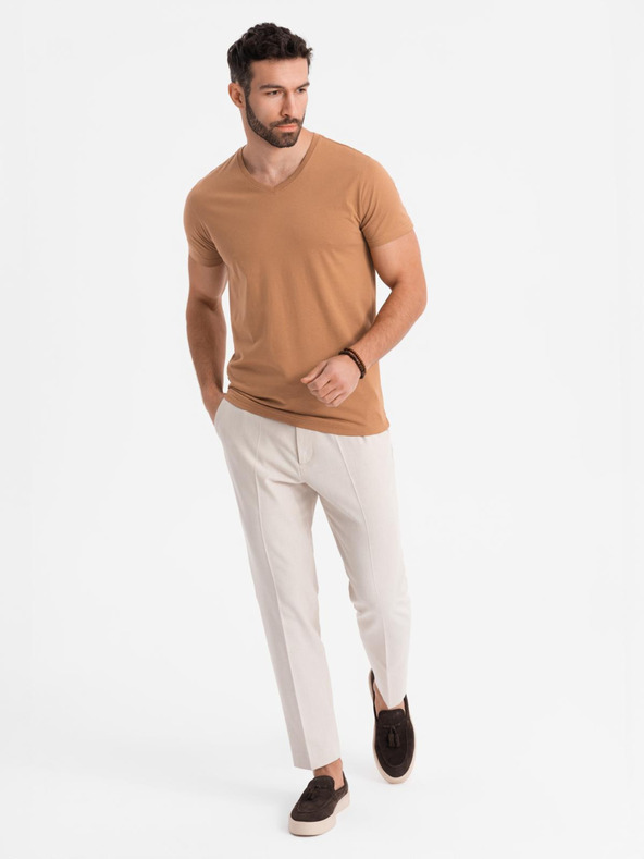 Ombre Clothing Muška klasična pamučna majica BASIC s V-izrezom - smeđa