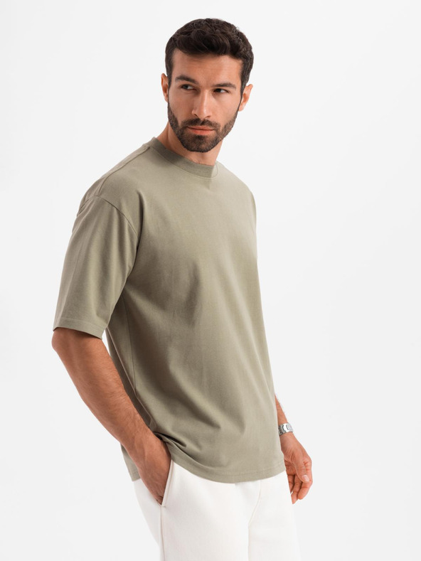 Ombre Clothing Muška pamučna majica LOOSE FIT s okruglim izrezom - khaki