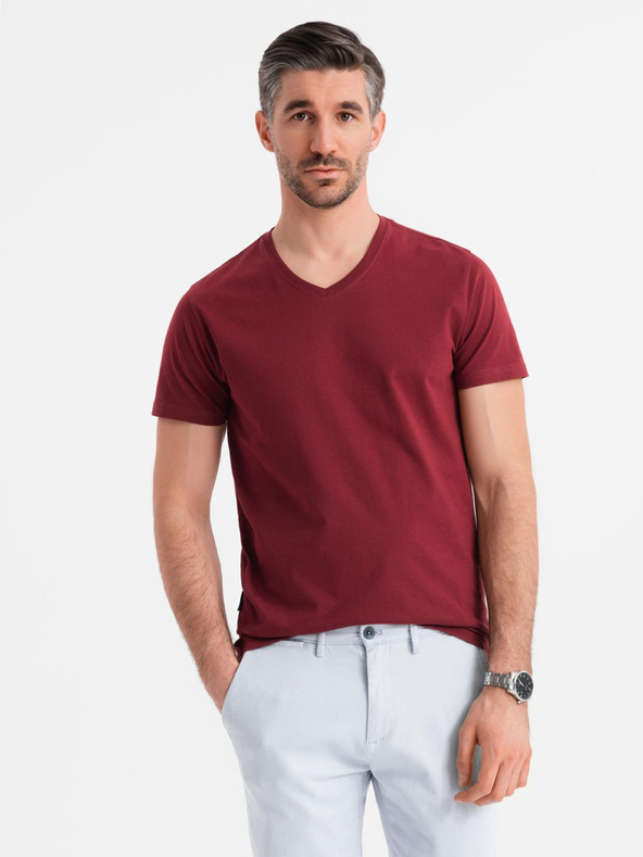 Ombre Clothing Pamučna klasična muška majica BASIC s V-izrezom - bordo