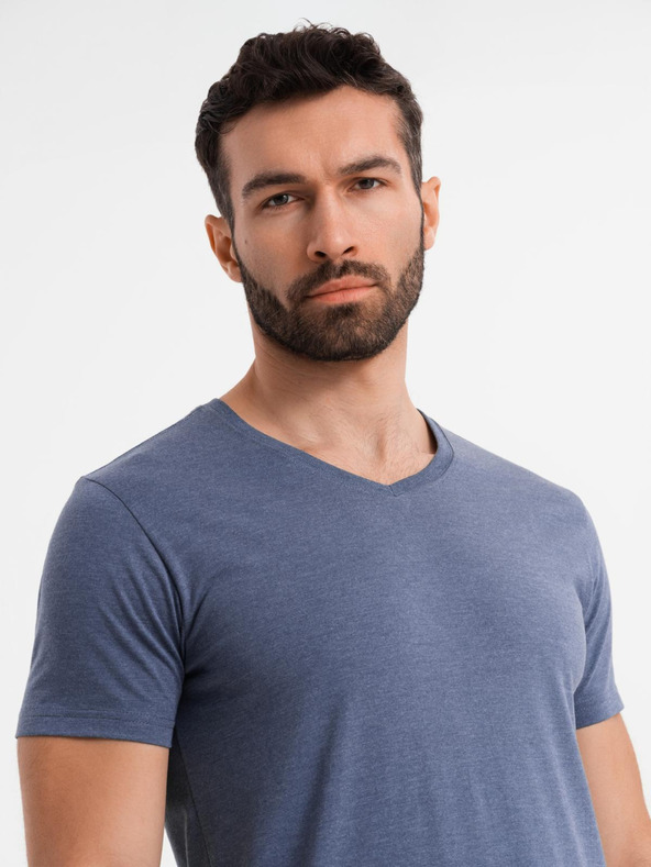 Ombre Clothing Muška klasična pamučna majica BASIC s V-izrezom - plavi melange