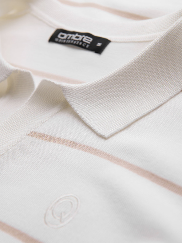 Ombre Clothing Muška polo majica s dugim rukavima i vodoravnim prugama od viskozе - bijela i bež