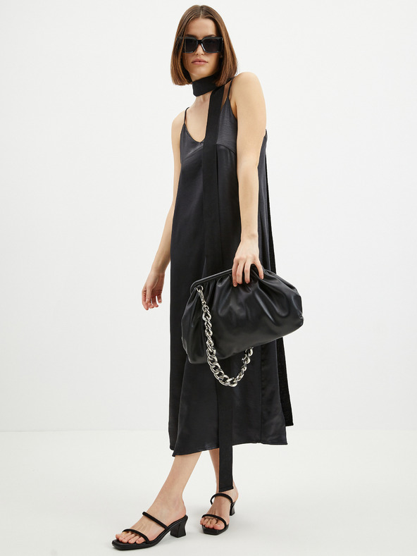 ONLY Crna ženska satenska midi haljina sa naramenicama ONLY Cosmo