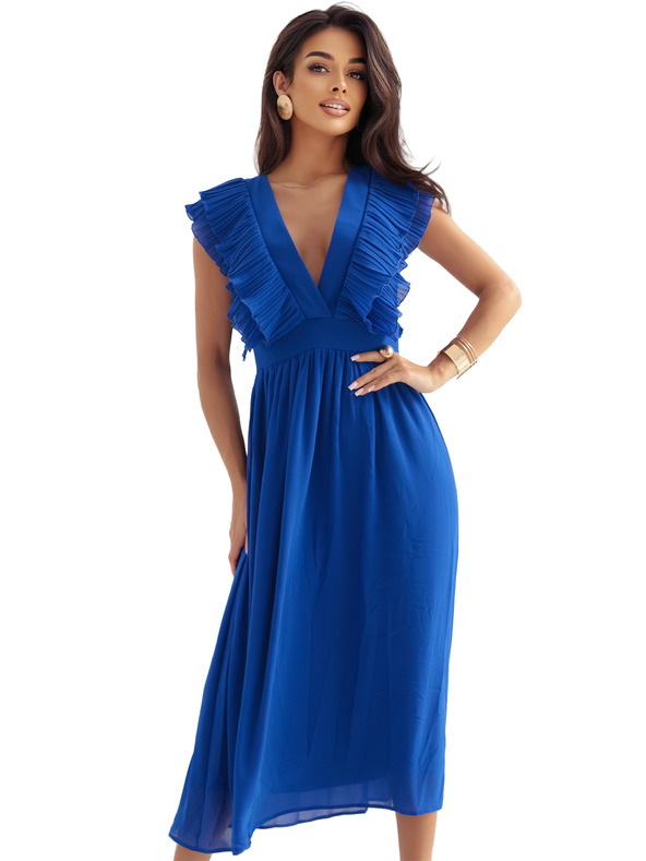 numoco Midi haljine YANA s naboranim volanima i izrezom - modre boje"sirka"