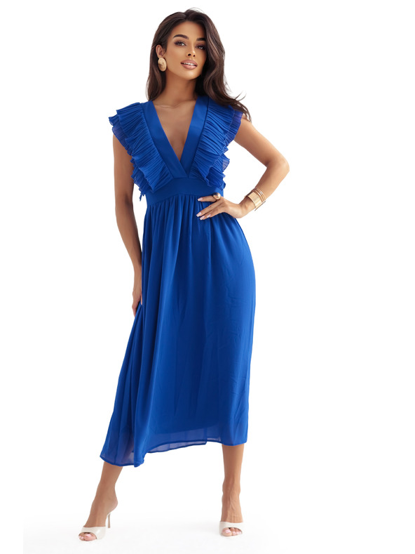 numoco Midi haljine YANA s naboranim volanima i izrezom - modre boje"sirka"