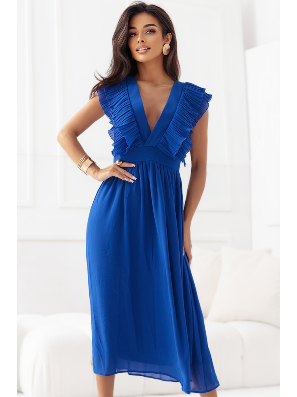 numoco Midi haljine YANA s naboranim volanima i izrezom - modre boje"sirka"