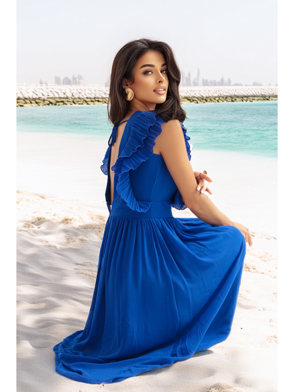 numoco Midi haljine YANA s naboranim volanima i izrezom - modre boje"sirka"