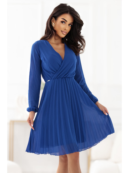 numoco Elegantne nabrane haljine ISABELLE s izrezom i dugim rukavima - modre boje"sirka"