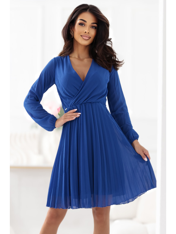 numoco Elegantne nabrane haljine ISABELLE s izrezom i dugim rukavima - modre boje"sirka"