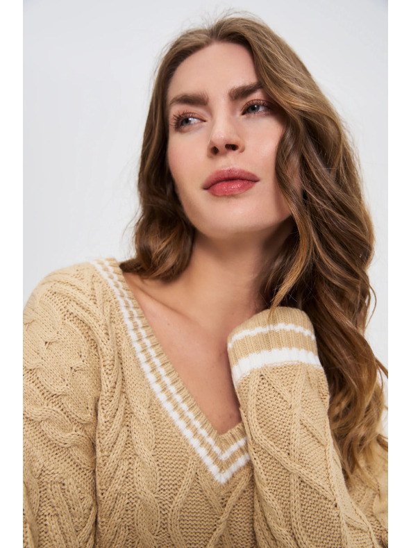Moodo Bež ženski džemper s V-izrezom Moodo