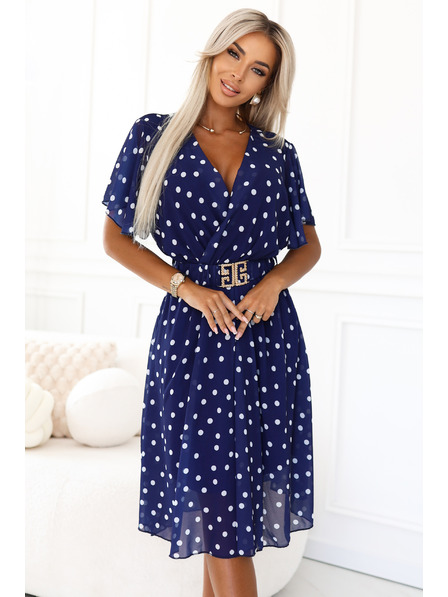 numoco Tamno plava haljina s bijelim točkicama, preklopnim izrezom i dekorativnim pojasom