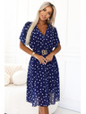numoco Tamno plava haljina s bijelim točkicama, preklopnim izrezom i dekorativnim pojasom