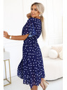 numoco Tamno plava haljina s bijelim točkicama, preklopnim izrezom i dekorativnim pojasom
