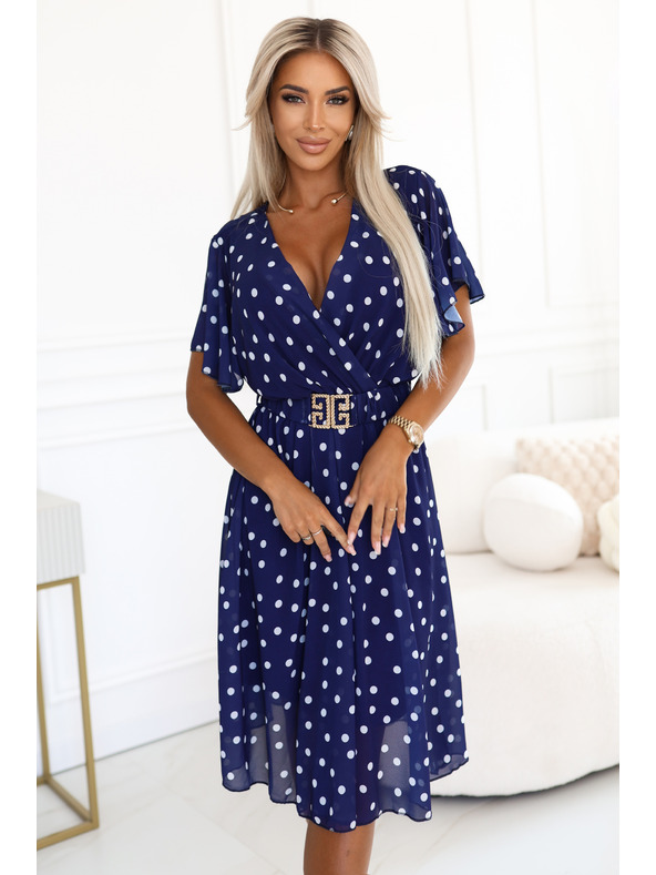 numoco Tamno plava haljina s bijelim točkicama, preklopnim izrezom i dekorativnim pojasom