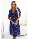 numoco Tamno plava haljina s bijelim točkicama, preklopnim izrezom i dekorativnim pojasom