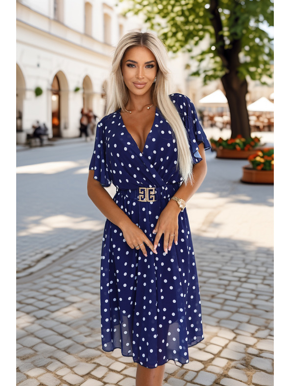 numoco Tamno plava haljina s bijelim točkicama, preklopnim izrezom i dekorativnim pojasom