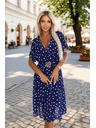 numoco Tamno plava haljina s bijelim točkicama, preklopnim izrezom i dekorativnim pojasom