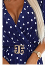 numoco Tamno plava haljina s bijelim točkicama, preklopnim izrezom i dekorativnim pojasom