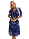numoco Tamno plava haljina s bijelim točkicama, preklopnim izrezom i dekorativnim pojasom