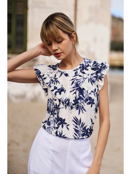 Moodo Ženska majica Moodo – bijela s plavim cvjetovima