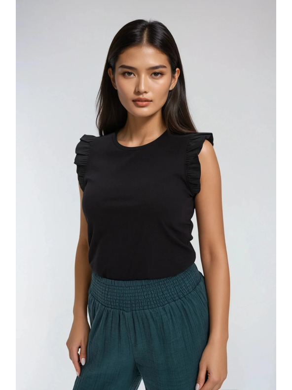 Moodo Crna pamučna ženska majica s volanima