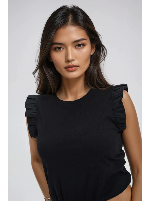 Moodo Crna pamučna ženska majica s volanima