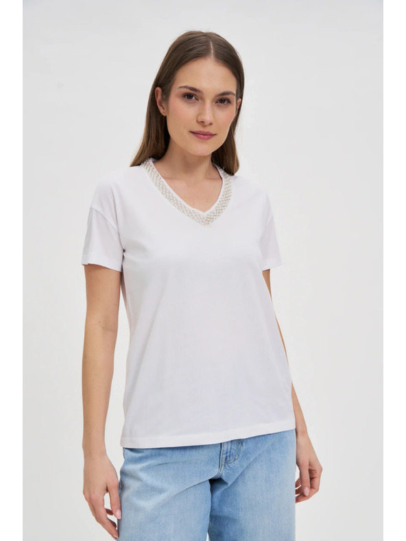 Moodo Ženska majica s ukrašenim izrezom – bijela