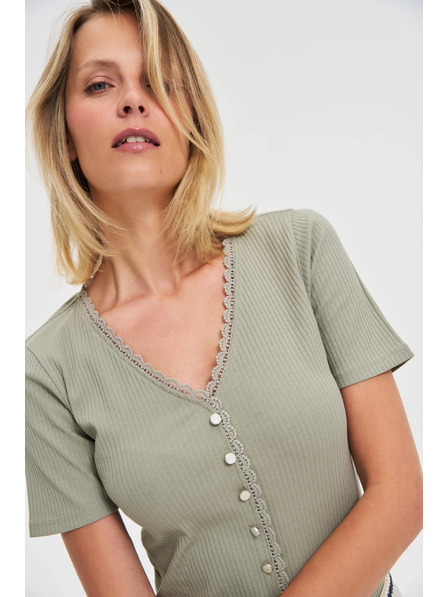 Moodo Ženska maslinasta majica s gumbima