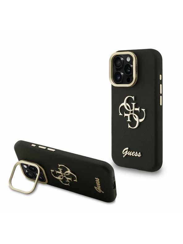 Guess Guess PU Grained 4G Logo Stand Camera Frame Stražnji poklopac za iPhone 15 Pro Max Crna