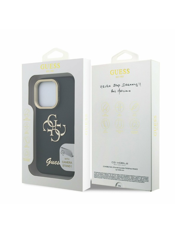 Guess Guess PU Grained 4G Logo Stand Camera Frame Stražnji poklopac za iPhone 15 Pro Max Crna