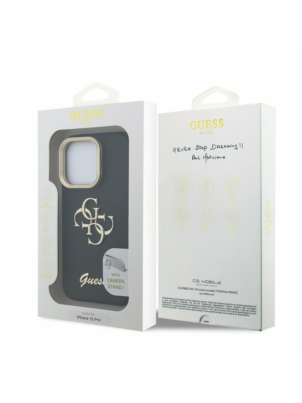 Guess Guess PU Grained 4G Logo Stand Camera Frame Stražnji poklopac za iPhone 15 Pro Crna