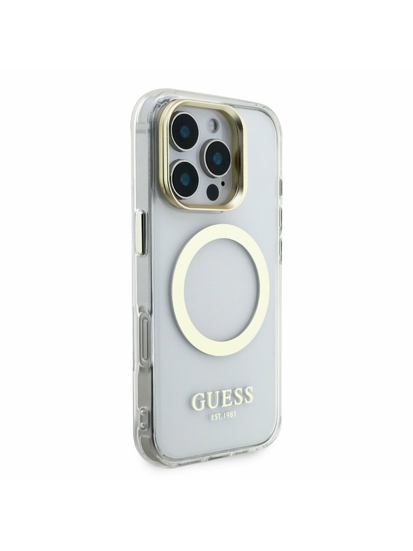 Guess Guess IML Gold Outline Stand Camera Frame MagSafe Stražnji poklopac za iPhone 16 Pro Proziran