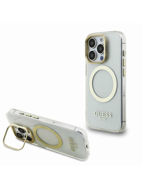 Guess Guess IML Gold Outline Stand Camera Frame MagSafe Stražnji poklopac za iPhone 15 Pro Max Proziran