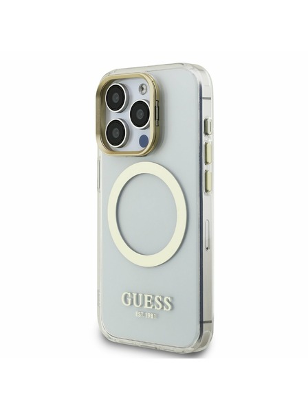 Guess Guess IML Gold Outline Stand Camera Frame MagSafe Stražnji poklopac za iPhone 15 Pro Max Proziran