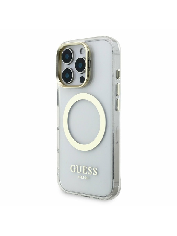 Guess Guess IML Gold Outline Stand Camera Frame MagSafe Stražnji poklopac za iPhone 16 Pro Max Proziran