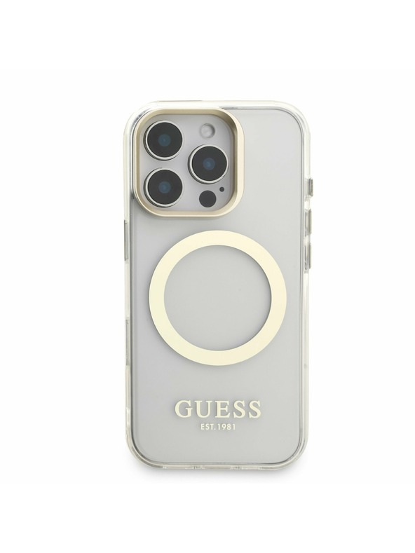 Guess Guess IML Gold Outline Stand Camera Frame MagSafe Stražnji poklopac za iPhone 16 Pro Max Proziran