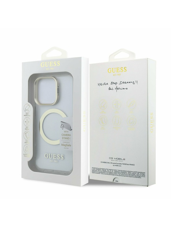 Guess Guess IML Gold Outline Stand Camera Frame MagSafe Stražnji poklopac za iPhone 16 Pro Max Proziran