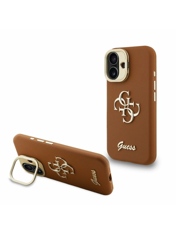 Guess Guess PU Grained 4G Logo Stand Camera Frame Stražnji Poklopac za iPhone 16 Brown