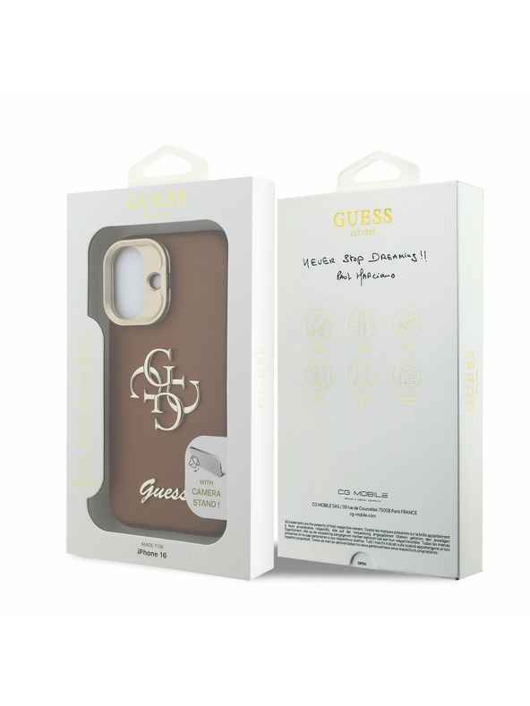 Guess Guess PU Grained 4G Logo Stand Camera Frame Stražnji Poklopac za iPhone 16 Brown