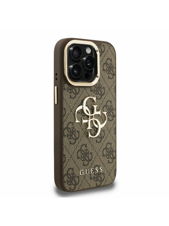 Guess Guess PU 4G Metal Logo Stand Camera Frame Stražnji Poklopac za iPhone 15 Pro Max Brown