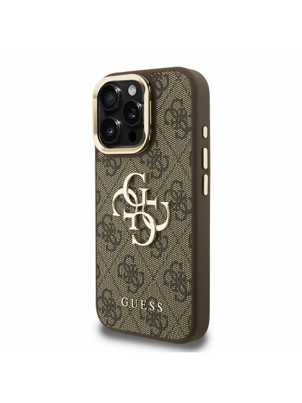 Guess Guess PU 4G Metal Logo Stand Camera Frame Stražnji Poklopac za iPhone 16 Pro Brown