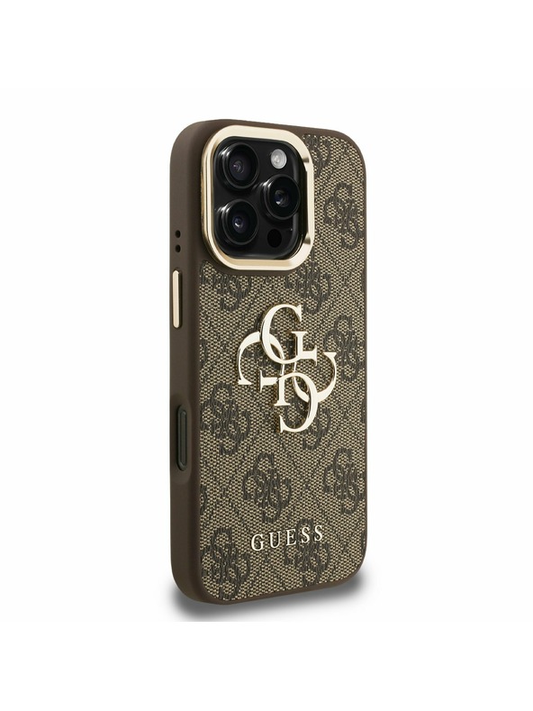 Guess Guess PU 4G Metal Logo Stand Camera Frame Stražnji Poklopac za iPhone 16 Pro Brown