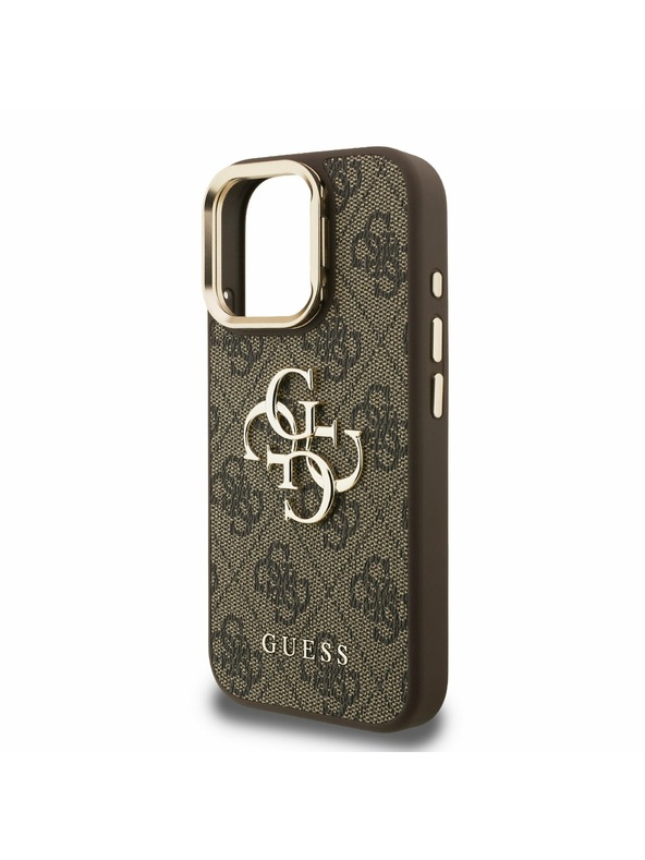 Guess Guess PU 4G Metal Logo Stand Camera Frame Stražnji Poklopac za iPhone 16 Pro Brown