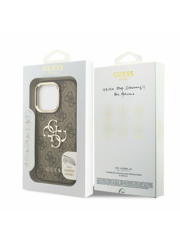 Guess Guess PU 4G Metal Logo Stand Camera Frame Stražnji Poklopac za iPhone 16 Pro Brown