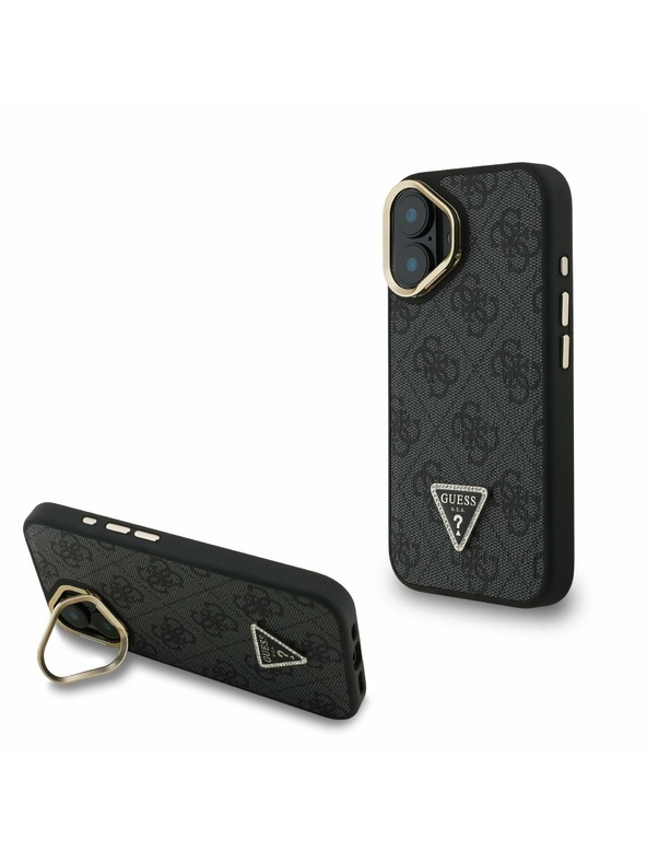 Guess Guess PU 4G Strass Triangle Logo Stand Camera Frame MagSafe Stražnji Poklopac za iPhone 16 Black